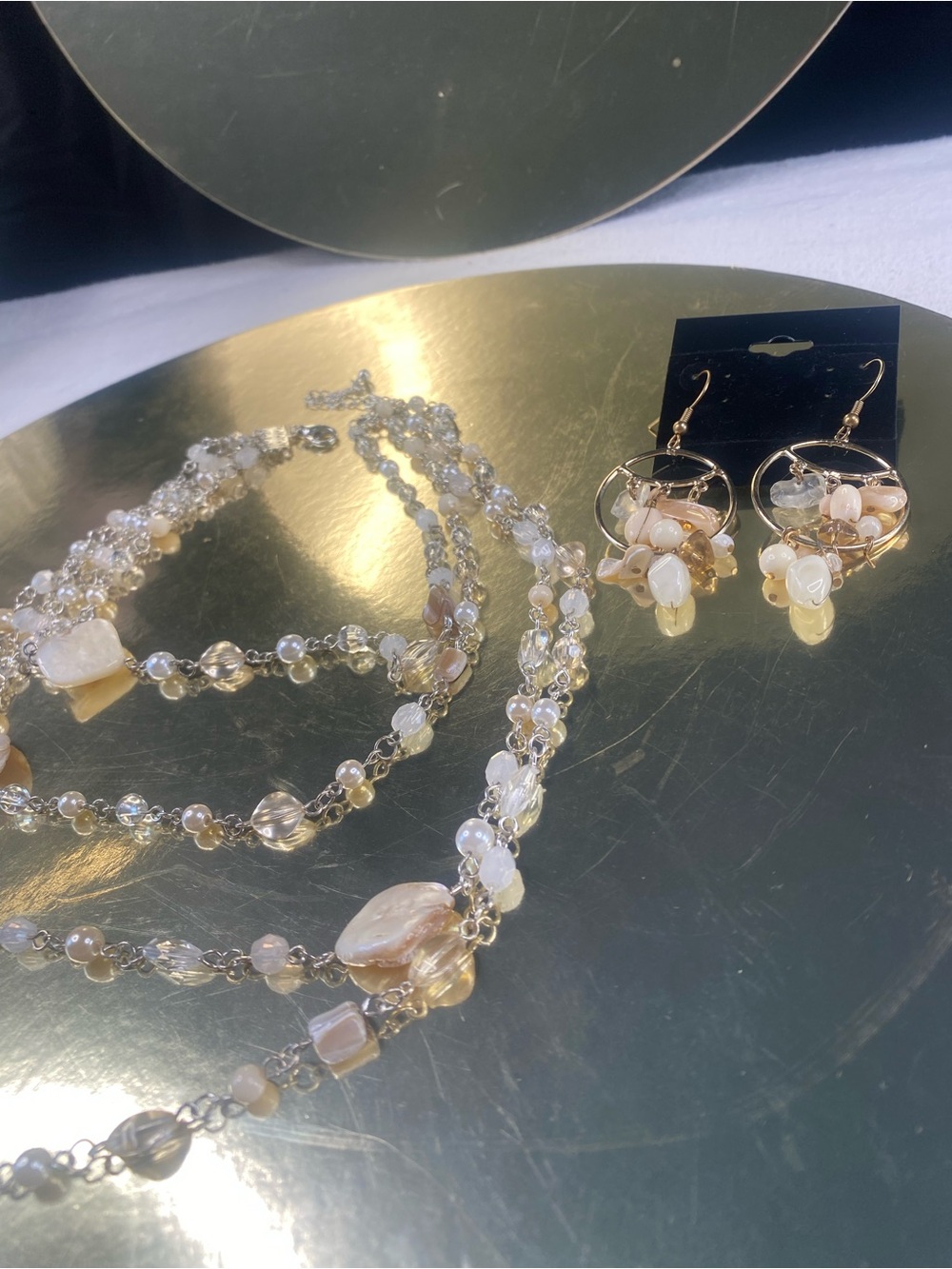 Gold-Tone Cream Beaded Necklace and Earrings Set